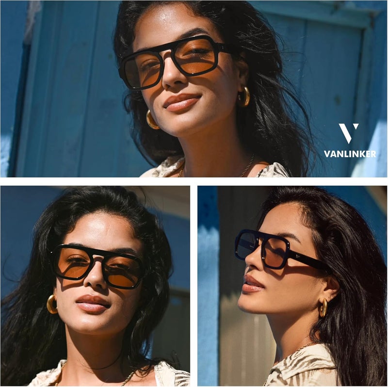 VANLINKER Oversized Retro Square Aviator Sunglasses for Women Men 70s Vintage Style Trendy Big Flat Top Sun Glasses VL9826 - Image 2